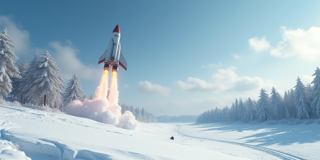 a rocket is flying over a snowy field with trees in the background and a snow covered field with a s