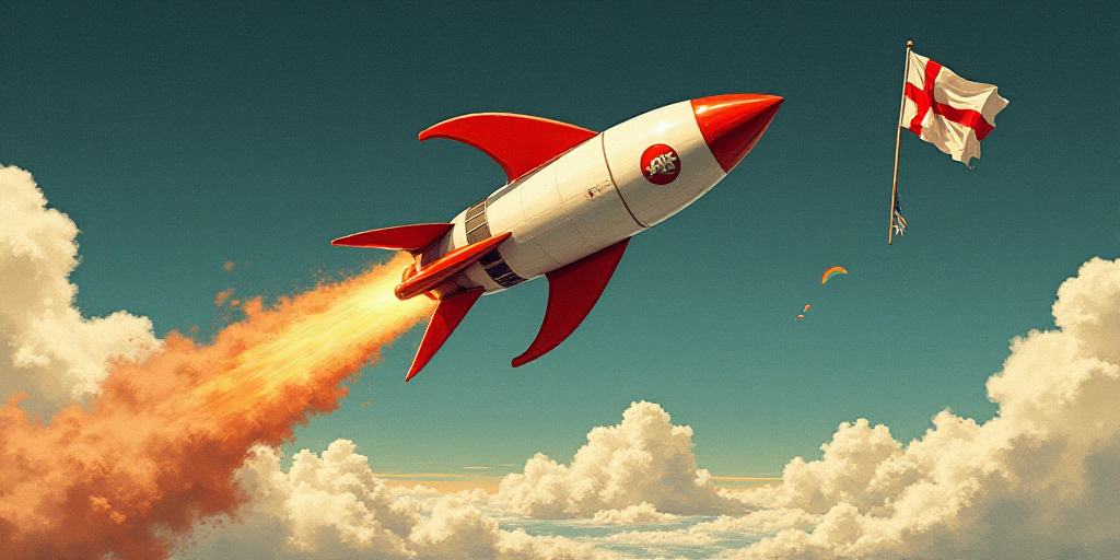 a rocket is flying through the air with a flag on it's tail and a flag on its tail, Amédée Ozenfan