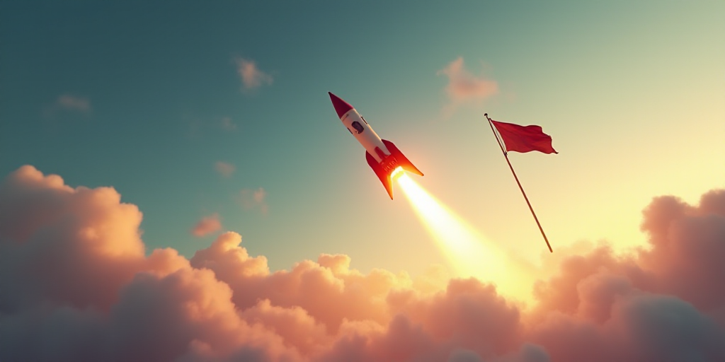 a rocket is flying through the sky with a flag on it's tail and a flag on its tail, Andries Stock, w