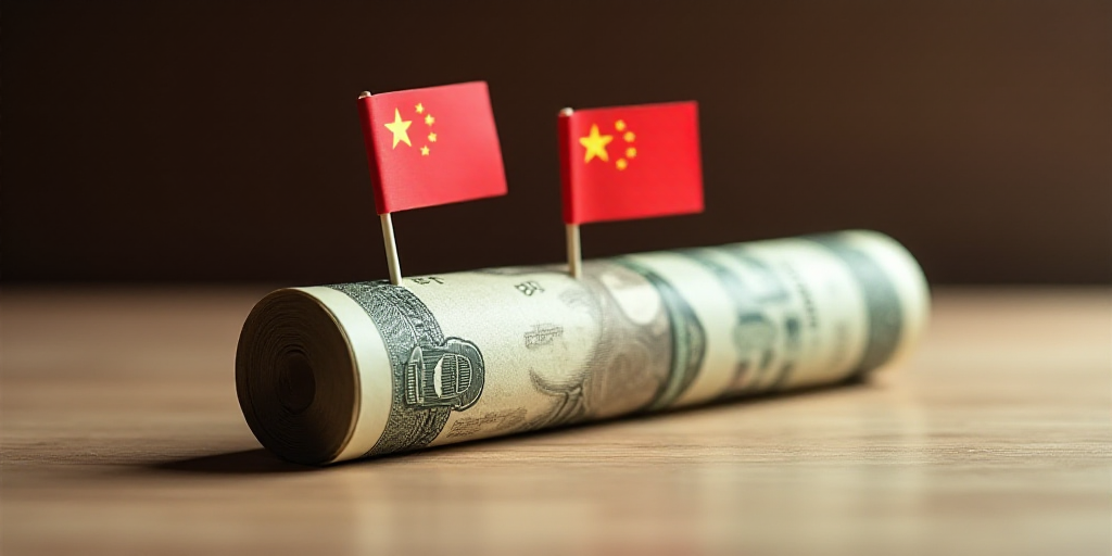 a roll of money and two small flags on a table with a roll of money in the background and a roll of