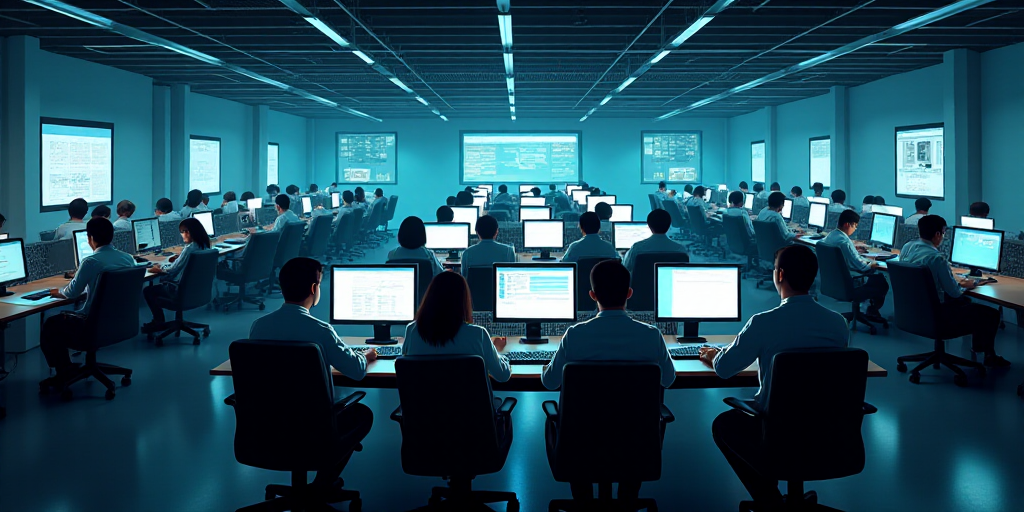 a room full of people with computers and monitors on the walls and desks with people standing around