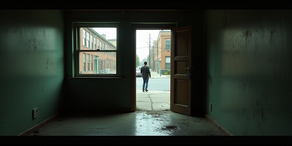 a room with a window and a door with a view of a street outside of it and a person walking on the si