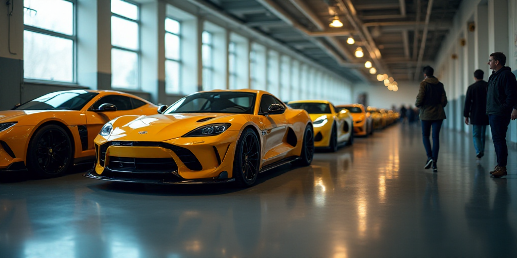 a row of cars parked in a building with windows and people walking by them in the background and a p