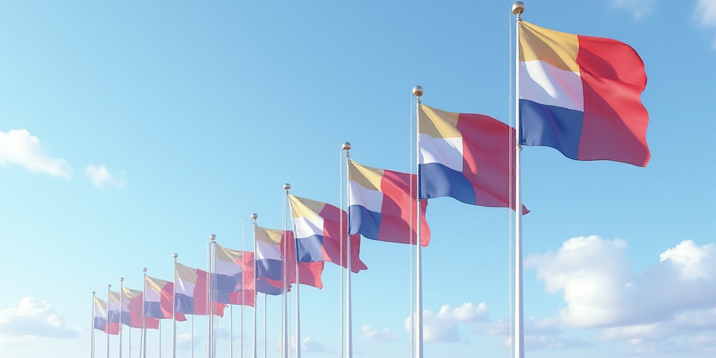 a row of flags blowing in the wind on a cloudy day with a blue sky in the background and a few cloud
