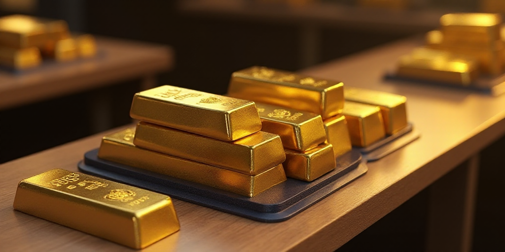 a row of gold bars sitting on top of a table next to a blue container of gold bars on a table, Engue