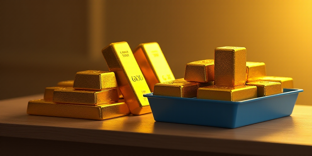 a row of gold bars sitting on top of a table next to a blue container of gold bars on a table, Engue