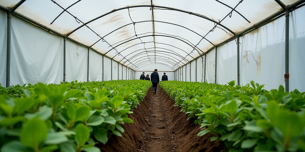 a row of greenhouses with plants growing inside of them and people standing in the distance in the d