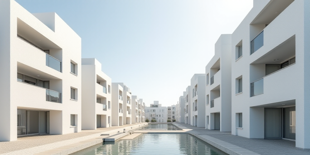 a row of white buildings with balconies and windows on each side of the building and a sidewalk lead