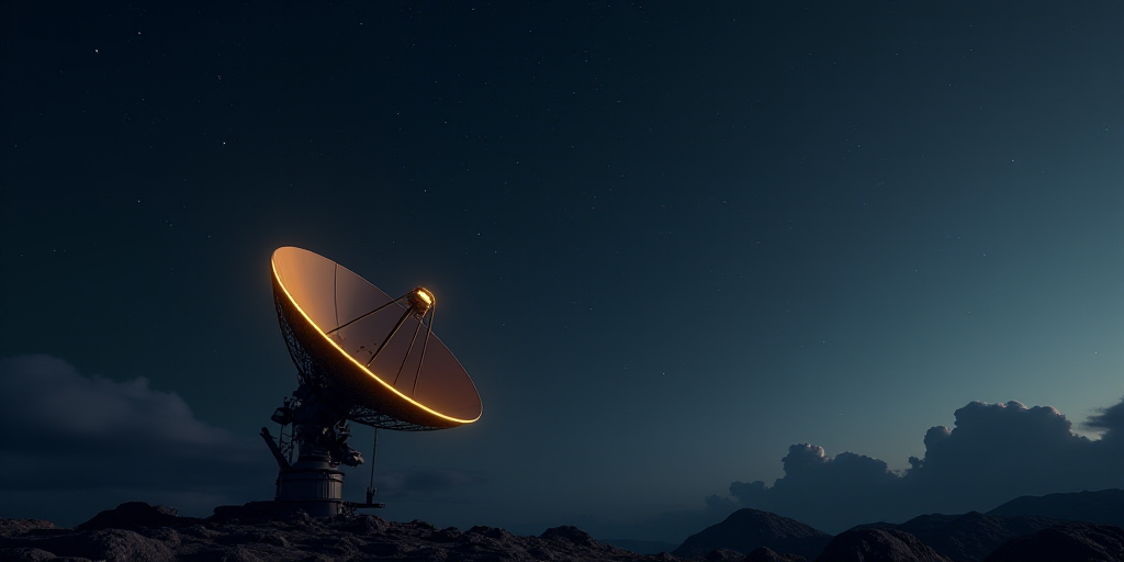 a satellite dish with a yellow light on it's side and a dark sky background with stars and a few clo