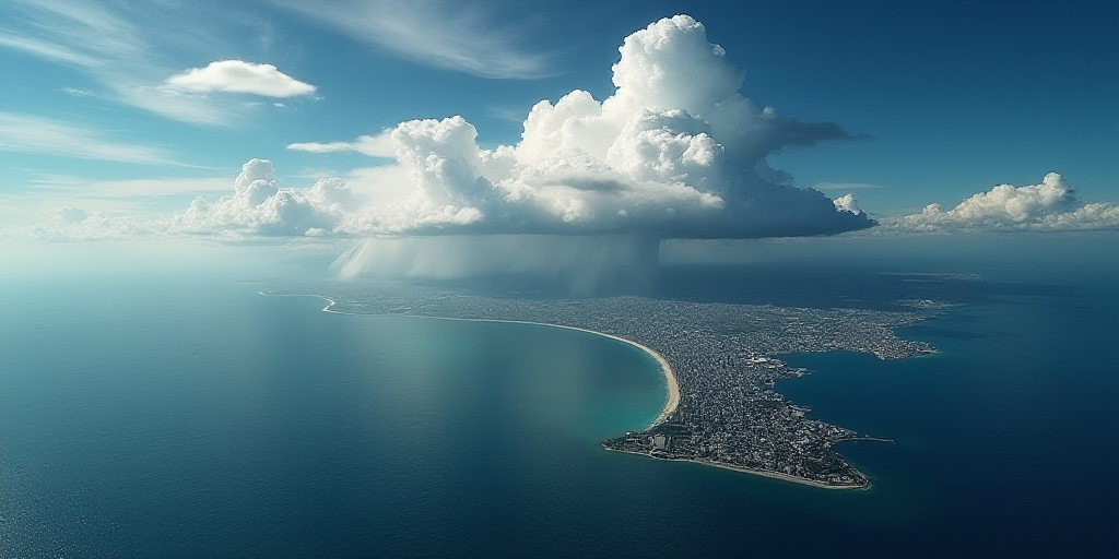 a satellite image of a cloud over the ocean and land area of a city and a city on the other side of