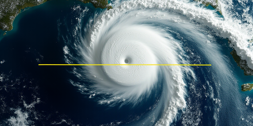 a satellite image of a hurricane in the ocean with a yellow line pointing to the center of the image