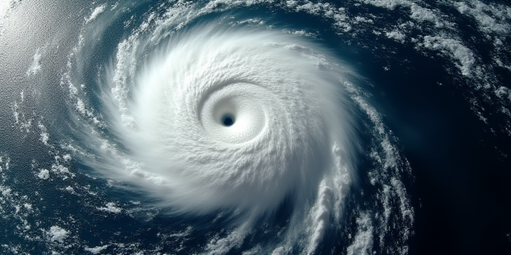 a satellite image of a hurricane in the ocean with a line of clouds above it and a line of lines bel