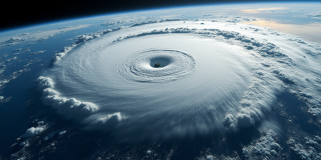 a satellite image of a hurricane in the ocean with a line of clouds above it and a line of lines bel