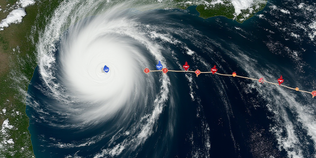 a satellite image of a hurricane with a line of red and blue markers indicating the path of the stor