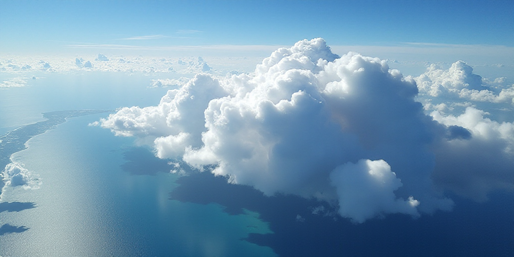 a satellite image of a large body of water and land in the distance, with a cloud covering the water