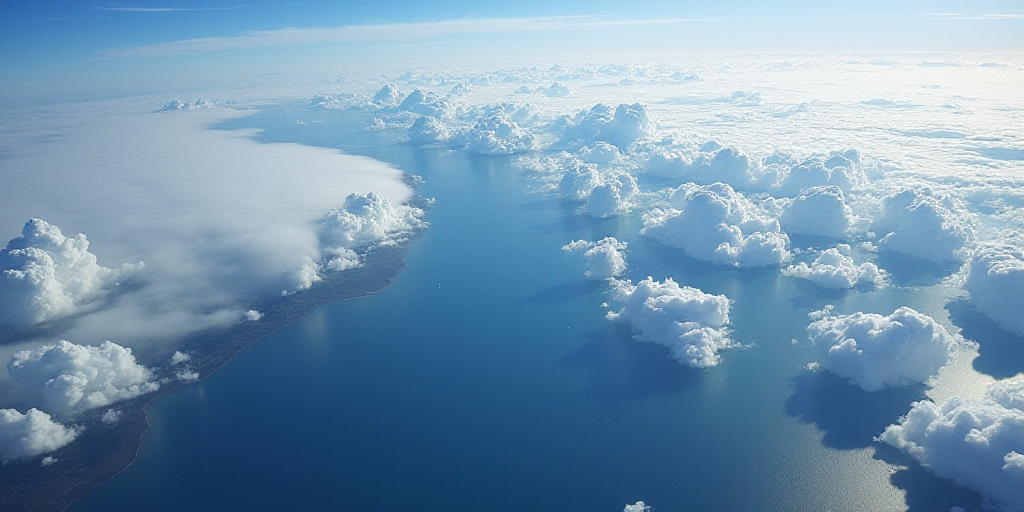 a satellite image of a large body of water and land in the distance, with a cloud covering the water