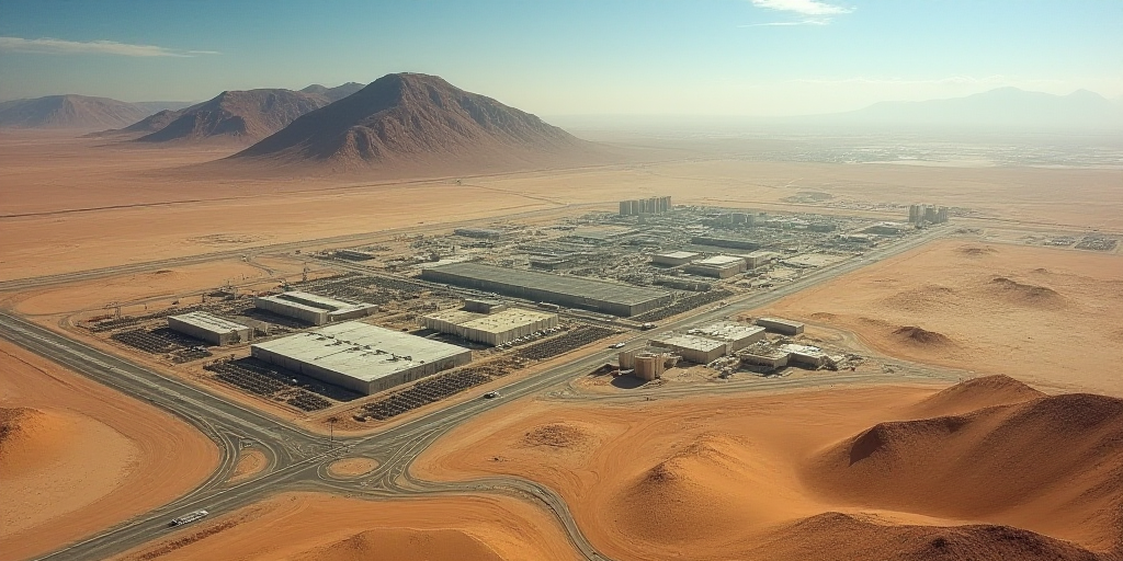 a satellite image of a large industrial area in the desert with buildings and roads in the foregroun