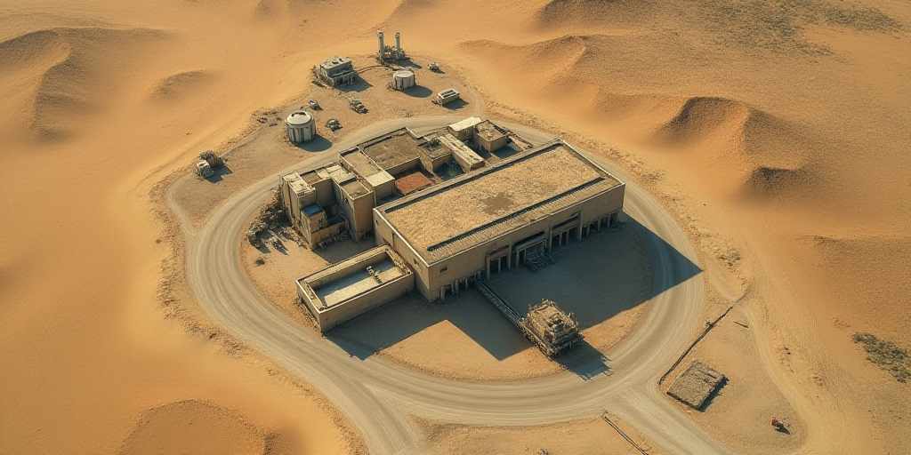 a satellite image of a large industrial area in the desert with a large building and a lot of dirt,