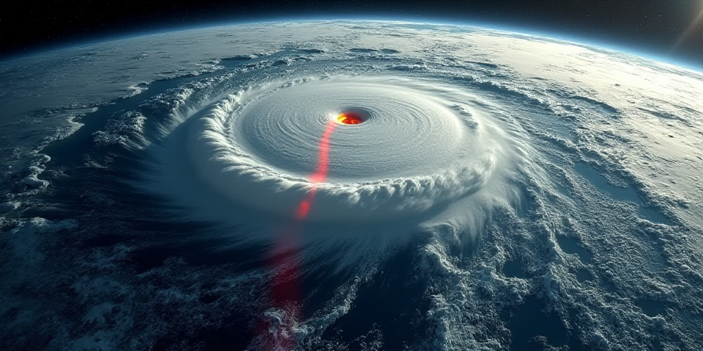 a satellite image of a storm in the middle of the ocean with a red and yellow line on it, Ceferí Ol