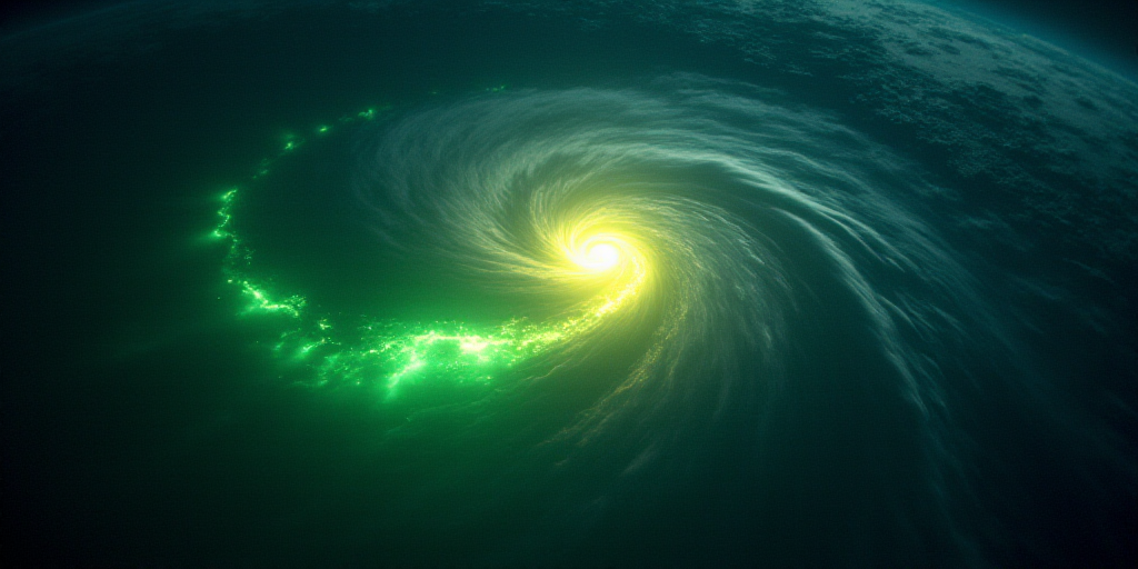 a satellite image of a storm in the middle of the ocean with green and yellow lights on it's sides,