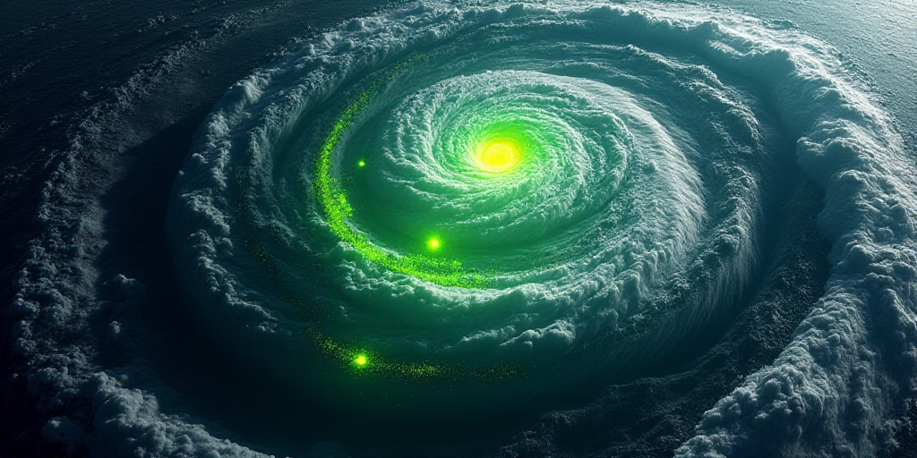 a satellite image of a storm in the ocean with green dots on it and a yellow dot on the top of the i