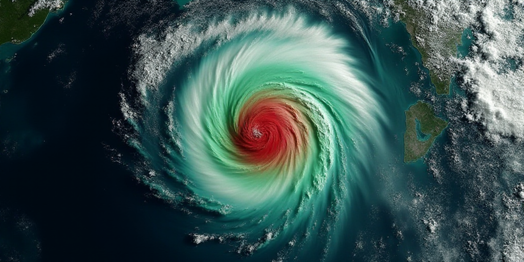 a satellite image of a storm in the middle of the ocean with a red and green area in the middle, Aqu