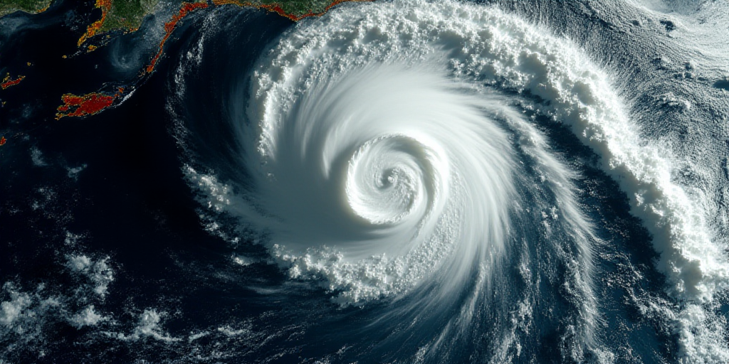 a satellite image of a storm in the ocean with a red and yellow area on the left side of the image,