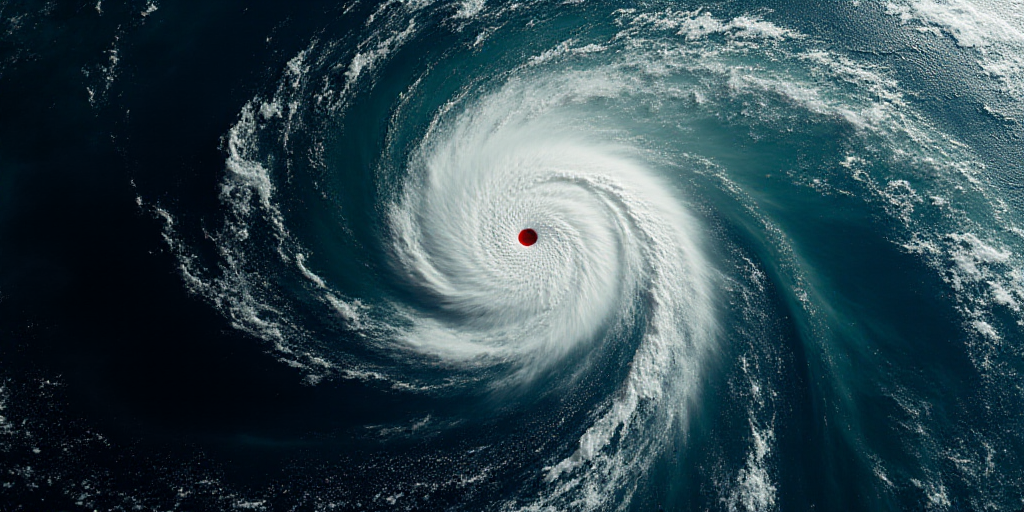 a satellite image of a tropical cyclone in the ocean with a red dot on the center of the image, Aqui