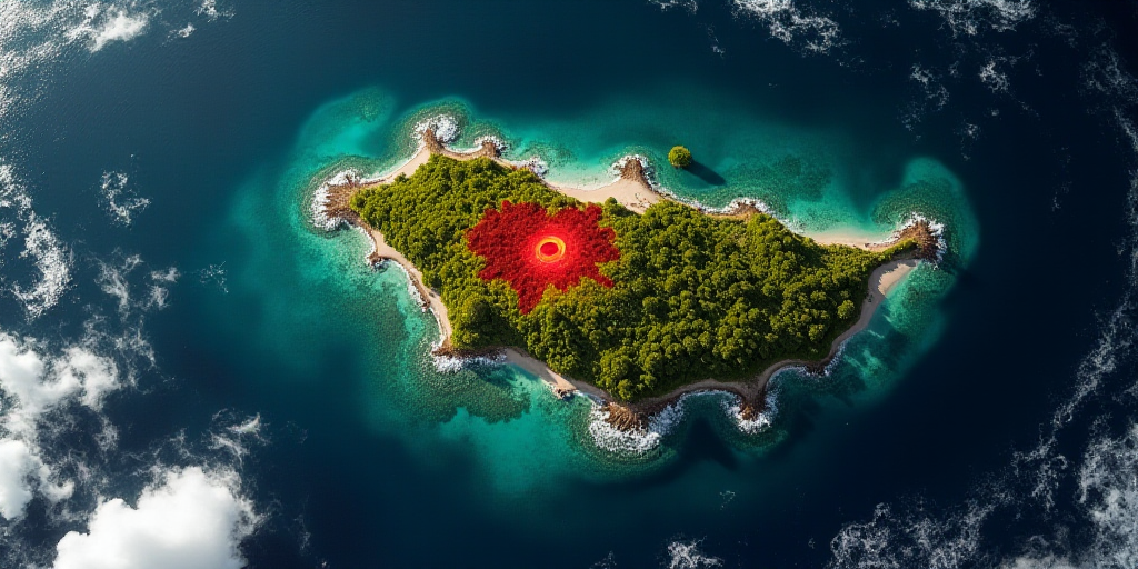 a satellite image of a tropical island with a red and yellow area in the middle of it and a red area