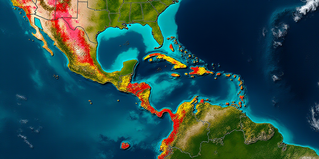 a satellite image of a tropical region with a lot of rain and red and yellow areas on the map, Aquir