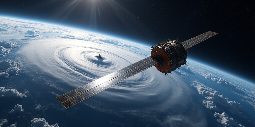 a satellite satellite flying over a hurricane in the sky above the earth's surface, with a satellite