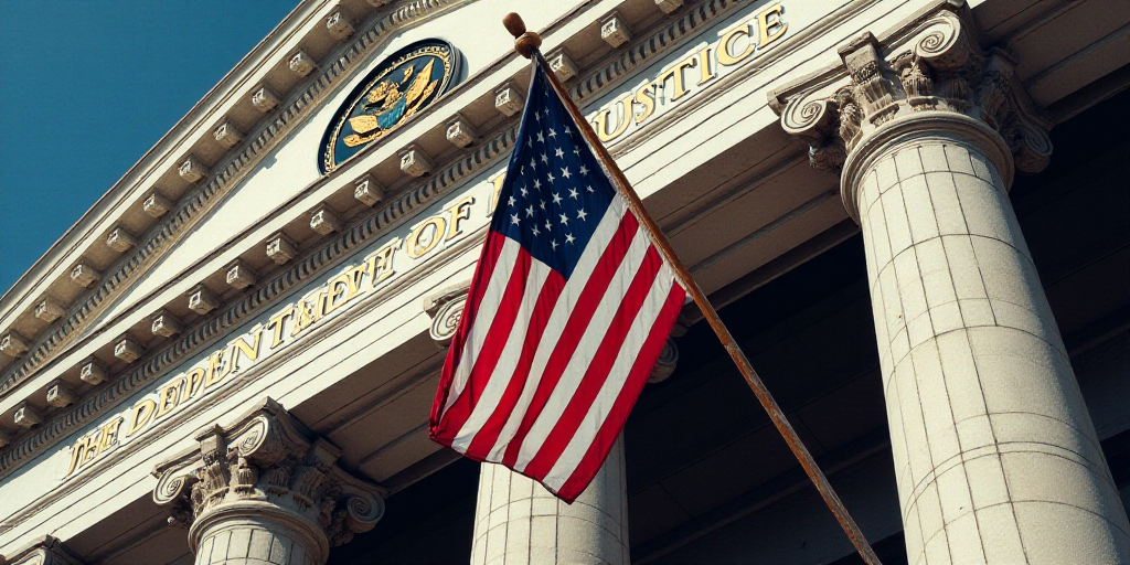 a seal on the side of a building with stars and a flag on it that says department of justice, Andrie