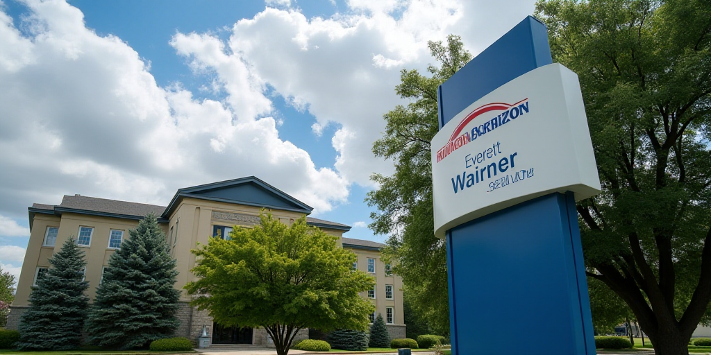 a sign for a company that is on a building with trees in the background and a sky background with cl