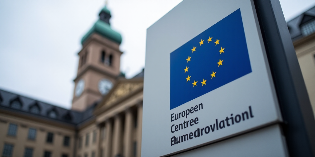 a sign for a european central bank in front of a building with a clock tower in the background and a