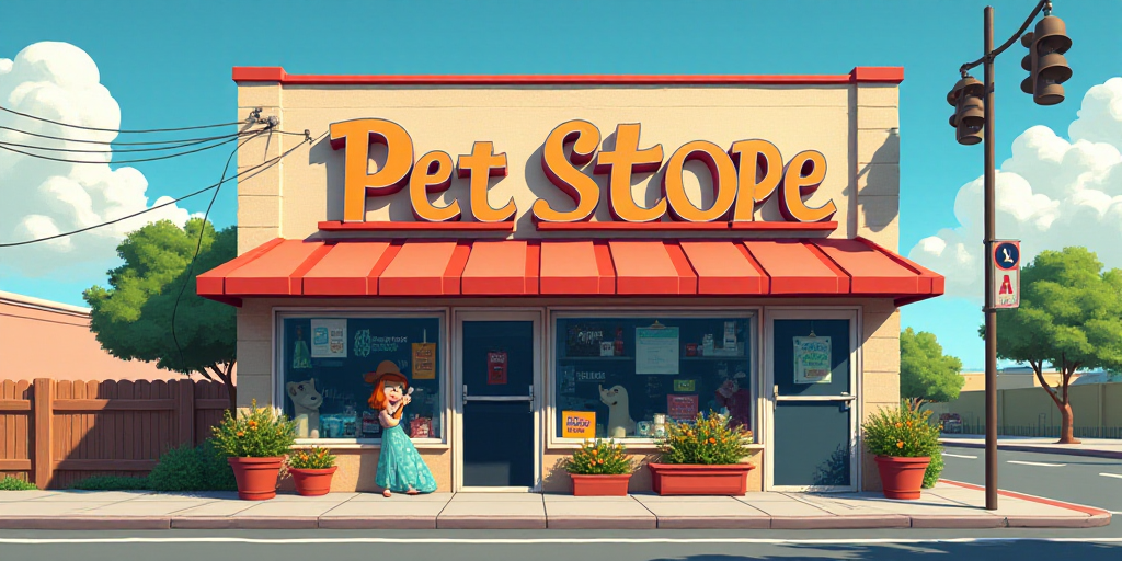 a sign for a pet store in front of a building with a large sign on it's side, Amelia Peláez, logo,