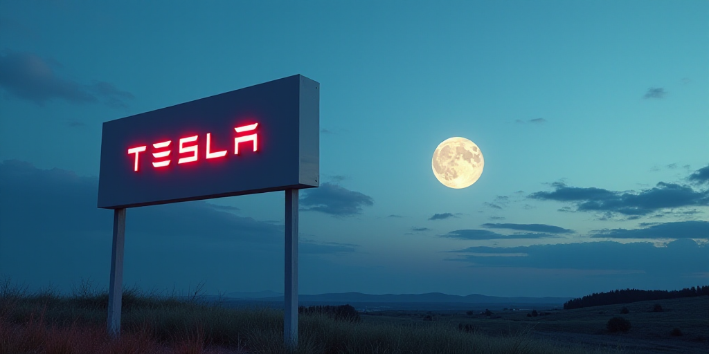 a sign for a tesla plant with a full moon in the background and a blue sky with a few clouds, Beeple