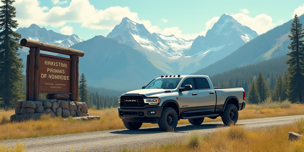 a sign for the national park and preserve in the mountains of montana, usa with a truck parked in fr