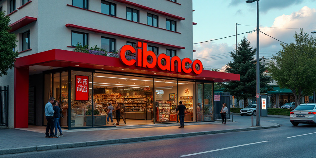a sign is in front of a business called cibanco cibanco, which is located in a city, Ceferí Olivé,