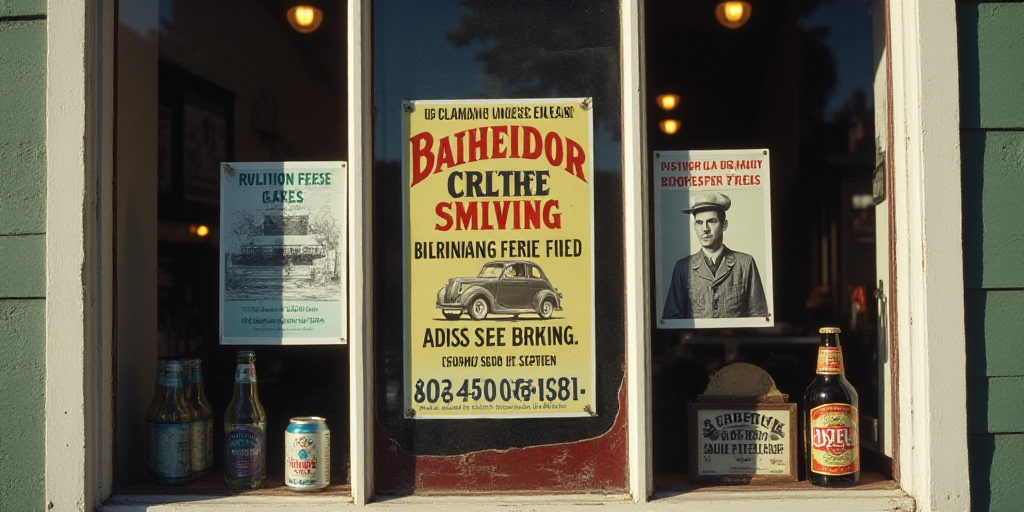 a sign is posted on a window of a storefront with advertisements on it and a bottle of beer, Elbridg
