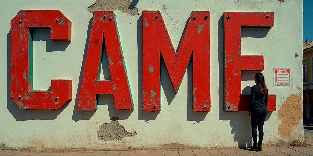 a sign on a building that says came in spanish and english and a woman is standing in front of it, C