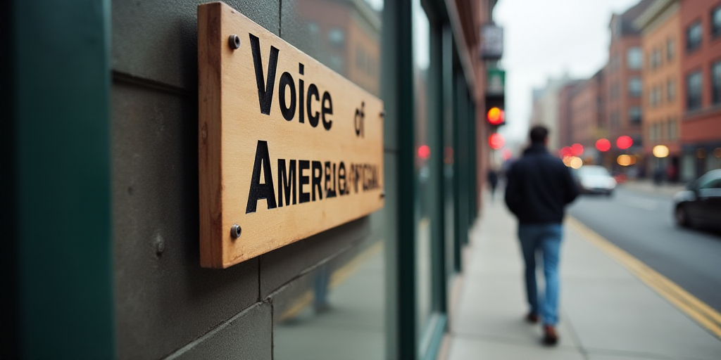 a sign on a building that says voice of america on it's side and a person walking in the background,