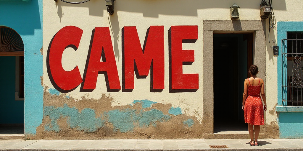 a sign on a building that says came in spanish and english and a woman is standing in front of it, C