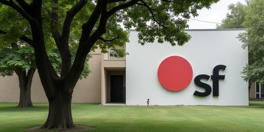 a sign on a building that says asf, with a tree in the foreground and a building in the background,