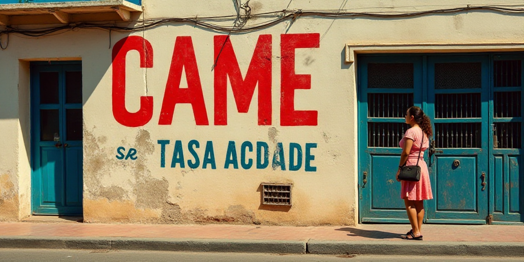 a sign on a building that says came in spanish and english and a woman is standing in front of it, C