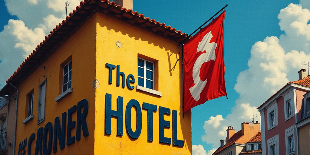 a sign on the side of a building that says, the corner hotel on the corner is a flag, Évariste Vita