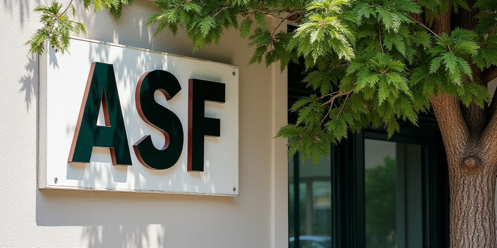 a sign on the side of a building that says asf, with a tree in front of it, Agustín Fernández, ign