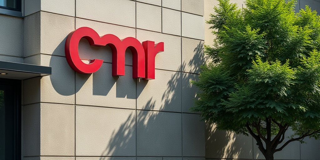 a sign on the side of a building that says cmr on it's side and a tree in front of it, Cui Bai, logo