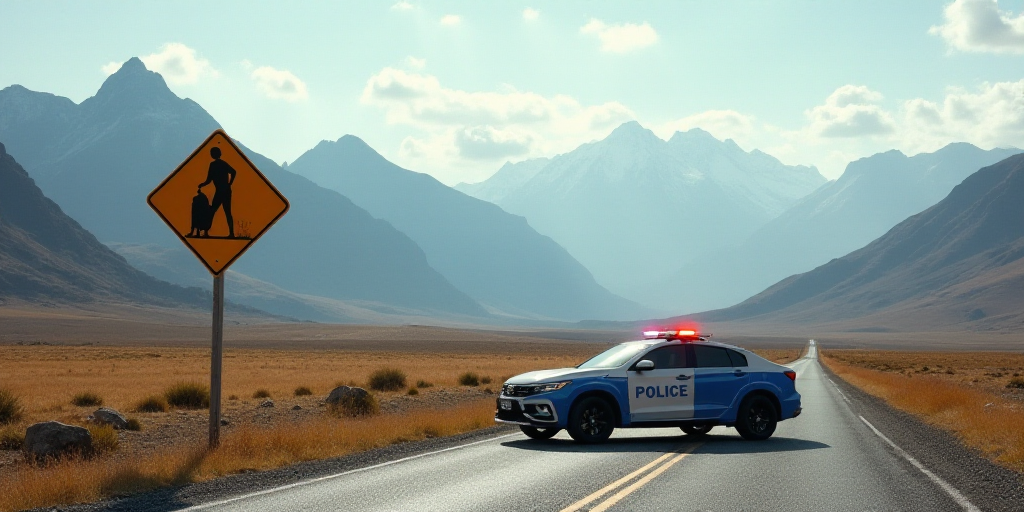 a sign on the side of a road with mountains in the background and a police car parked in front of it