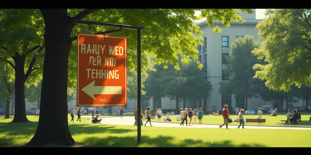 a sign that is hanging from a pole in a park with people walking by it and a building in the backgro