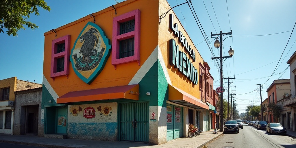 a sign that is on the side of a building that says la bolsa de mexico on it, Aquirax Uno, ignacio fe